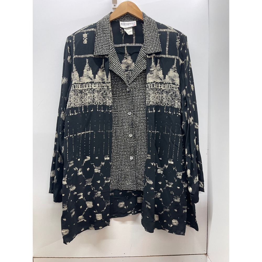 Peter Popovitch Vintage Black Cream Abstract Print Rayon Button Down Shirt L